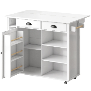 HOMCOM Ilha de Cozinha com Rodas, Tampo Rebatível, Prateleiras na Porta, Suporte para Toalhas, Armário, 2 Gavetas, 117,5x70x91 cm, Branco