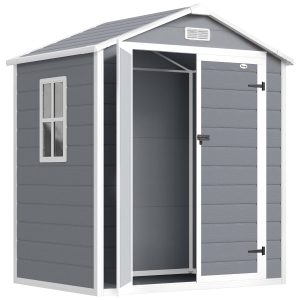 Outsunny Abri de jardin cabanon en résine polypropylène 2,12 m² - 2 portes 1 fenêtre et 1 grille d'aération, toit à pignon, gris