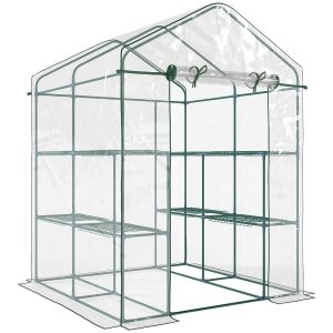 Outsunny Invernadero de Exterior Invernadero de Jardín de 3 Niveles con Estantes Marco de Acero Cubierta de PVC para Cultivo de Plantas Flores Verduras 143x143x195 cm Translúcido y Verde