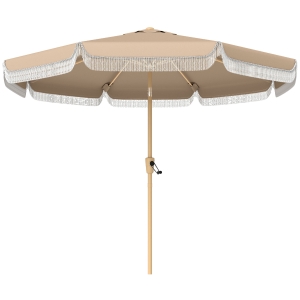 Outsunny Sombrilla de Jardín Ø266x238 cm con Ángulo Ajustable Manivela y Toldo con Flecos Decorativos para Patio Terraza Caqui