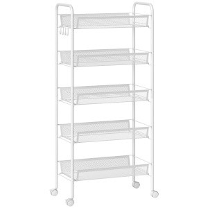 HOMCOM Carrinho Auxiliar com Rodas de 5 Níveis com Cestos de Malha Removíveis e Estrutura de Aço 45x26,5x106 cm Branco