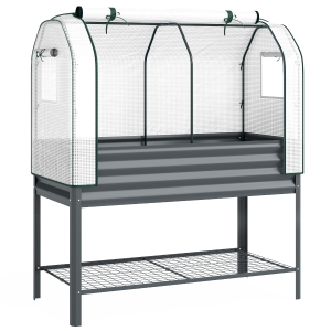Outsunny Huerto Urbano Elevado con Cubierta de Invernadero y Estante Inferior para Cultivo Plantas 120x55x140 cm Gris Oscuro