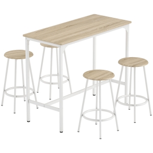 HOMCOM Set de Mesa de Bar y 4 Taburetes Estilo Industrial Marco de Metal para Cocina Salón Natural y Blanco