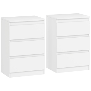 HOMCOM Nachttische im 2er-Set, 3 Schubladen, griffloses Design, Holzoptik, Weiß