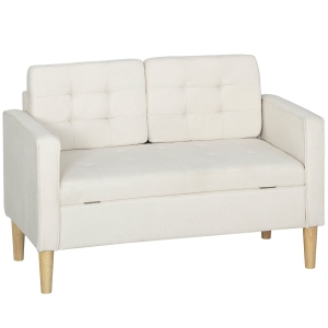 HOMCOM Zweisitzer-Sofa mit Stauraum, Knopfheftung, Kissen, Kautschukbaumholz, 117x62x78cm, Cremeweiß