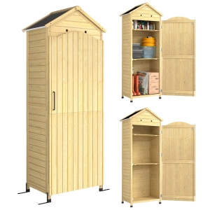 Outsunny Gartenschrank Holz verstellbare Ablage magnetische Tür galvanisiertes Dach Belüftung 85x58x213 cm Naturholz