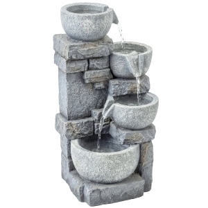 Outsunny Fuente de Jardín con Iluminación LED Bomba Fuente Decorativa en Cascada de 4 Niveles Flujo Ajustable Gris