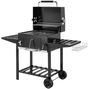 Outsunny Barbecue a Carvão com Bandeja Ajustável, Prateleiras Dobráveis, Rodas, Termómetro, Tampa, Chaminé, Ventilação e Cesto