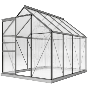 Outsunny Serre de jardin en polycarbonate 4,8 m²avec fondation, lucarne réglable, porte coulissante 1,9x2,53x1,99m transparent