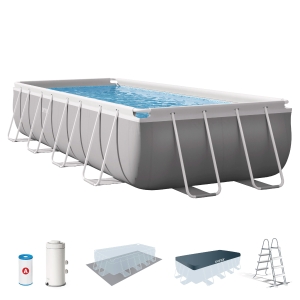 Piscina Desmontable Rectangular Prisma Frame INTEX con Depuradora, 488x244x107 Cm, Azul/Gris Claro