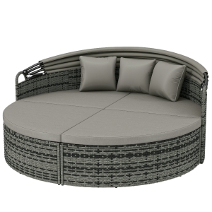 Outsunny Bain de soleil rond, lit de jardin extérieur modulable 3 PSC en résine tressée avec auvent rétractable, gris clair