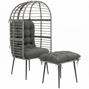 Outsunny Garden Egg Chair with Footstool, Rattan Indoor Outdoor Lounge Chair and Ottoman Set with Thick Cushions, Light Grey