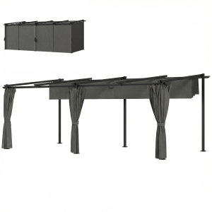 Outsunny Pergola rétractable avec rideaux latéraux, tonnelle de jardin en métal avec protection solaire UPF30+, gris foncé