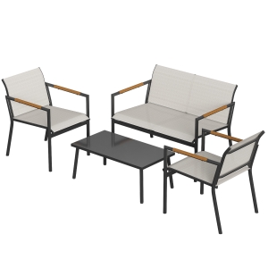Outsunny Salon de Jardin 4 Pièces en Textilène, Canapé, 2 Fauteuils, Table Basse avec Plateau en Métal, 106x70,5x77cm, Crème