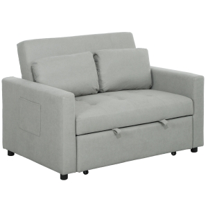 HOMCOM Loveseat Sofa Bed, Convertible Bed Settee with 2 Pillows, Side Pockets, Light Grey