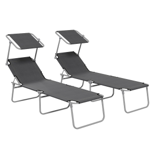Outsunny Folding Sun Lounger Set of 2 with Canopy, Reclining Sunbed with 4-Position Adjustable Backrest, 600D Oxford Cloth, Portable Garden Lounger Recliner Chair for Beach, Camping, Patio, Grey