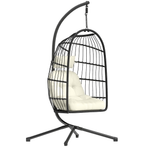 Outsunny Hanging Egg Chair, Indoor Outdoor Hammock Swing Chair with Stand, Safety Strap, Foldable Basket, Black/Cream White