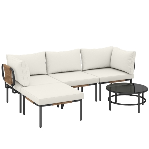 Outsunny Set da Giardino 5 Pezzi in  Rattan Modulabile con Divano a L, Tavolino e Cuscini, Cachi