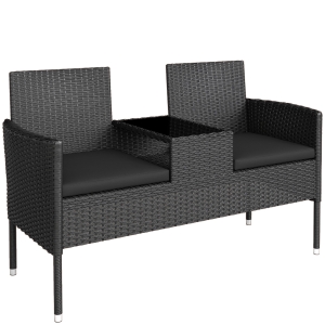 Outsunny Divanetto per Esterni 2 Posti con Tavolino da Caffè, in Acciaio e Rattan PE, 137x59x82 cm, Nero