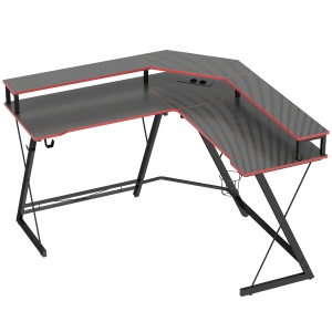 HOMCOM Biurko komputerowe w kształcie L z gniazdkami, narożne biurko 128 cm z podstawką na monitor, haczykiem na słuchawki & uchwytem na napoje