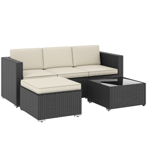 Outsunny Conjunto de Muebles de Ratán de Jardín Sofá de 3 Plazas Taburete y Mesa de Centro con Encimera de Cristal Negro