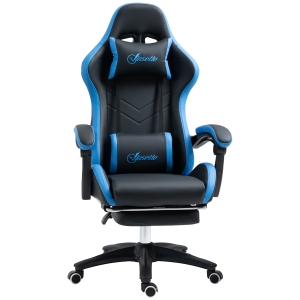 Vinsetto Silla Gaming Silla Gamer de Cuero PU Reclinable 135° Reposacabezas y Reposapiés 65x65x121-129 cm Negro y Azul