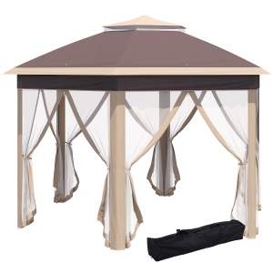 Outsunny tuinpaviljoen opvouwbaar tuinhuisje 4 x 4 m pop-up tent partytent incl. draagtas 6 zijpanelen dubbel dak zeshoekig beige + kaki