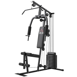 HOMCOM Máquina de Musculación con Pesas Ajustables de 45 kg Prensa de Pecho y Piernas Polea 135x103x200 cm Negro