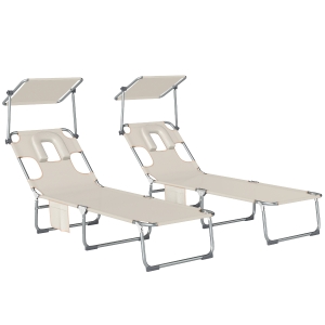 Outsunny Set de 2 Tumbonas Plegables Reclinables con Dosel 360° Orificio Facial Bolsillo Lateral y Textilene 550 g/m² Beige
