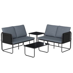 Outsunny Conjunto Jardín Exterior de 4 Piezas con 2 Sofás 2 Plazas 2 Mesas de Vidrio Cojines Fundas Extraíbles y Bolsillos Gris