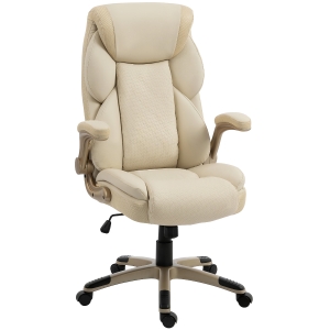 HOMCOM Cadeira de Escritório com Massagem Vibratória de 4 Pontos Aquecimento Lombar Apoios de Braços Rebatíveis Encosto Alto Altura Ajustável Creme