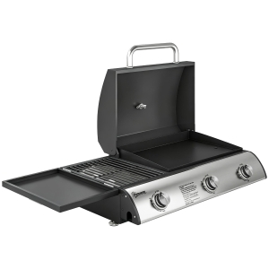 Outsunny Barbacoa de Gas BBQ Gas con 3 Quemadores 7,5 kW con Parrilla Plancha Estante Lateral Convertible Termómetro Negro