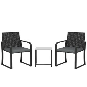 Outsunny Conjunto de Muebles de Jardín de Ratán Sintético con 2 Sillas con Cojines y Mesa con Tablero de Vidrio Gris