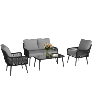 Outsunny Rattan Garden Furniture Set, 4 Piece Outdoor Patio Furniture with Tempered Glass Table and Chairs, Indoor Balcony Conservatory Set