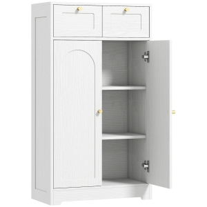 HOMCOM Armário de Casa de Banho Estreito com 2 Gavetas Prateleira Aberta e Porta com Painel Arqueado 60x30x108 cm Branco Texturizado