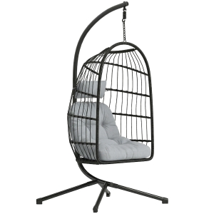 Outsunny Cadeira Suspensa com Suporte Cesto Dobrável de Vime Almofada Grossa e Altura Ajustável 101x105x196 cm Cinza Claro