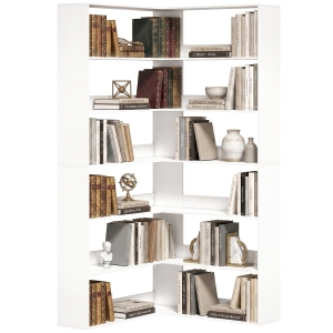 HOMCOM Boekenkast met 7 Lagen, L-vormig Hoekrek met Anti-slip Achterwand, Wit met Houtlook