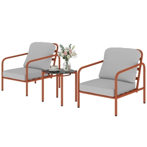 Outsunny Salon de Jardin 3 Pièces, 2 Fauteuils, 1 Table Basse, Coussins Épais, Plateau en Verre Trempé, 63x77x76cm, Rouge Vineux