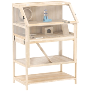 PawHut Houten hamsterkooi met 3 niveaus knaagdierenkooi met afneembare bodem, opbergruimte, looprad, wip, helling en huisje, 80x53x117cm natuurlijk hout