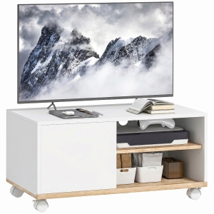 HOMCOM TV-meubel op wielen met remmen, tv-meubel met kast en verstelbare plank, wit en eiken