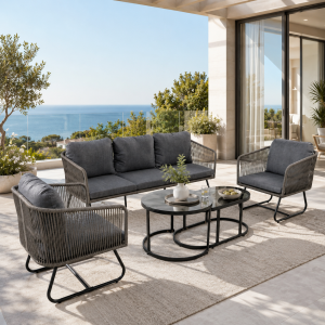 Space-Saving Outdoor Garden Lounge Set with Glass Coffee Table, Adjustable Foot Pads, Versatile Sofa Set for Patio, Porch, Backyard, Grey
