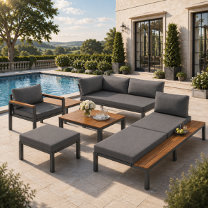 Modular Outdoor Garden Sofa Set with Aluminium Frame, Sturdy Lounge Set with Acacia Wood Coffee Table, 150L x 81.5W x 76H cm, Gray
