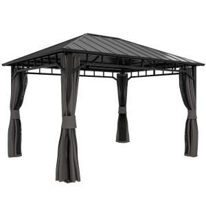 Outsunny Garten-Pavillon, Metallpavillon, wasserfest, UV-beständig, Terrassenpavillon mit Netzwänden und Vorhängen, Dunkelgrau
