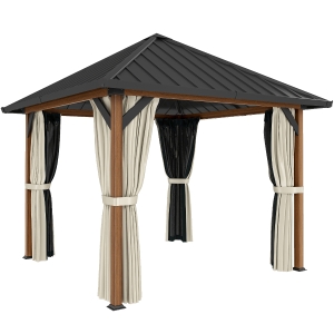 Outsunny 3 x 3(m) Hardtop Gazebo with Galvanised Steel Roof and Water Gutter, Waterproof Permanent Pavilion Garden Gazebo with Netting and Curtains for Patio, Deck, Walnut Wood Finish