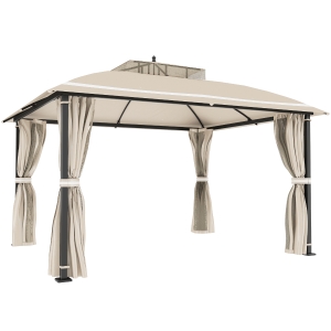 Outsunny Pavilion de grădină 3.7 x 3 m cu plasă de țânțari, perdele laterale și acoperiș dublu, bej
