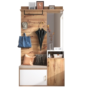 Conjunto de entrada com espelho, banco, 2 compartimentos para sapatos, ganchos e barra de cabide, 105x40x190,5 cm, Branco+Cor natural