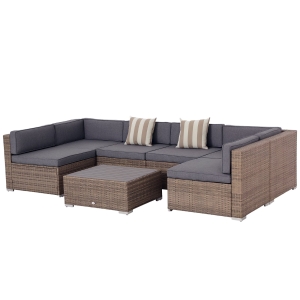 Outsunny Salotto da Giardino in Rattan da 7 Pezzi con Tavolino e Divano Modulabile con Cuscini, Grigio