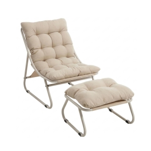 Sillón lounge de exterior con otomana, cojín acolchado, tejido sling, estructura de acero, Beige