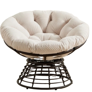 Sillón Papasan, 360° giratorio, cojín grueso(tela de pana), estructura de acero, 92x92x67 cm, Blanco
