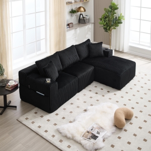 Modular L-Shaped Sectional Sofa with Deep Seat, Plush Corduroy Boneless Couch for Living Room, 257L x 160W x 80H cm, Black
